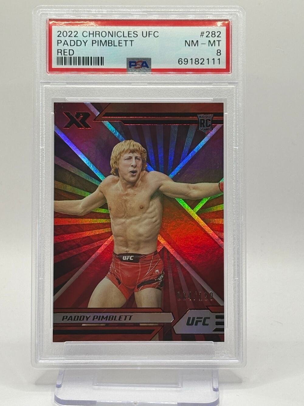 2022 Panini Chronicles UFC Paddy Pimblett Rookie Red Refractor 4/199 SP PSA 8 RC